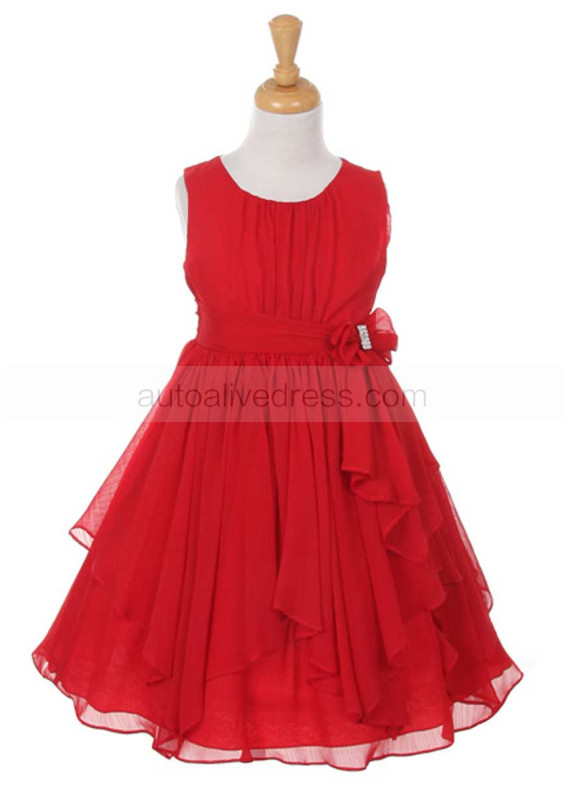 Pleated Chiffon Asymmetric Ruffled Flower Girl Dress